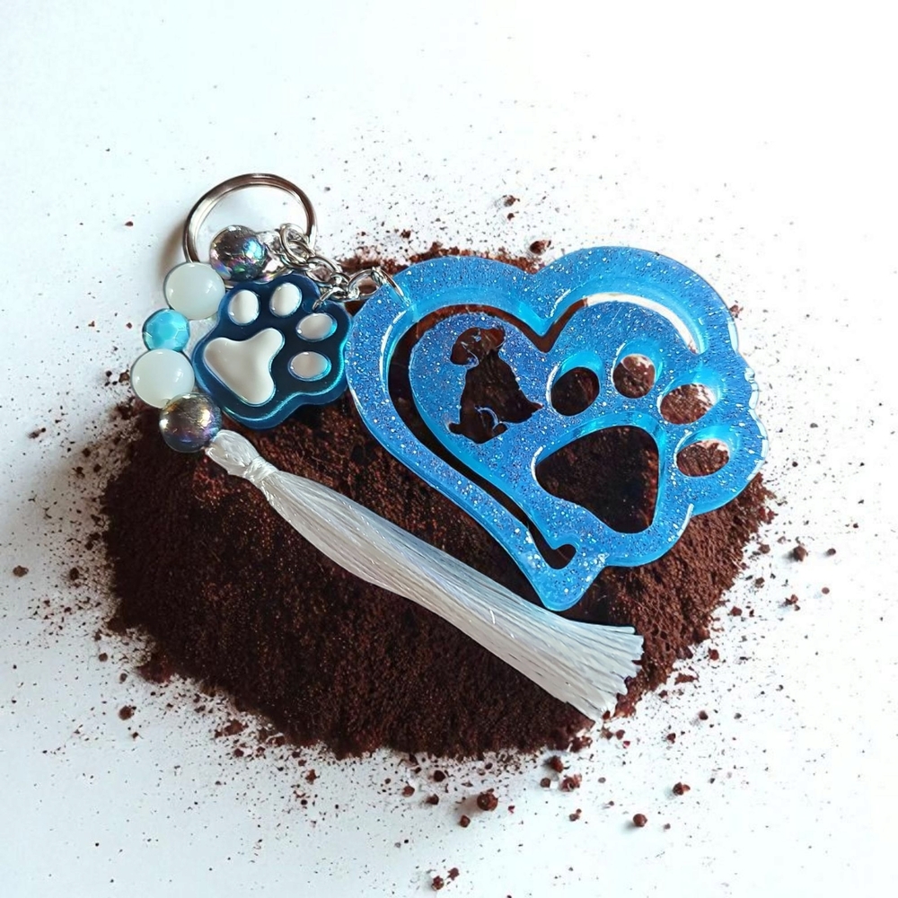 Blue Glitter Paw Keychain with Heart Charm